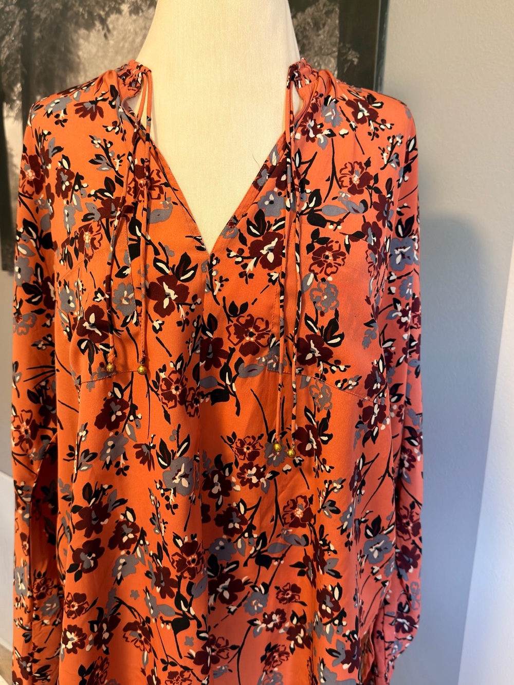 Abercrombie & Fitch Rust Floral Tie-Neck Blouse